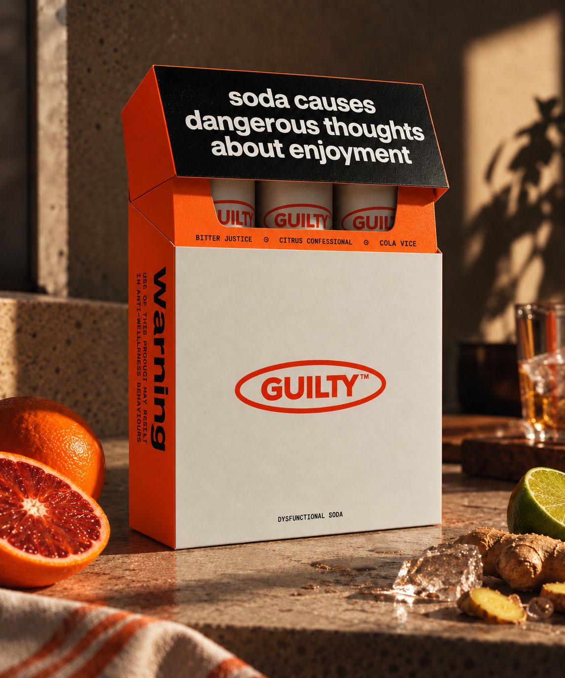 The limited 6-pack box with Guilty cans peeking out, next to blood orange, lime and ginger